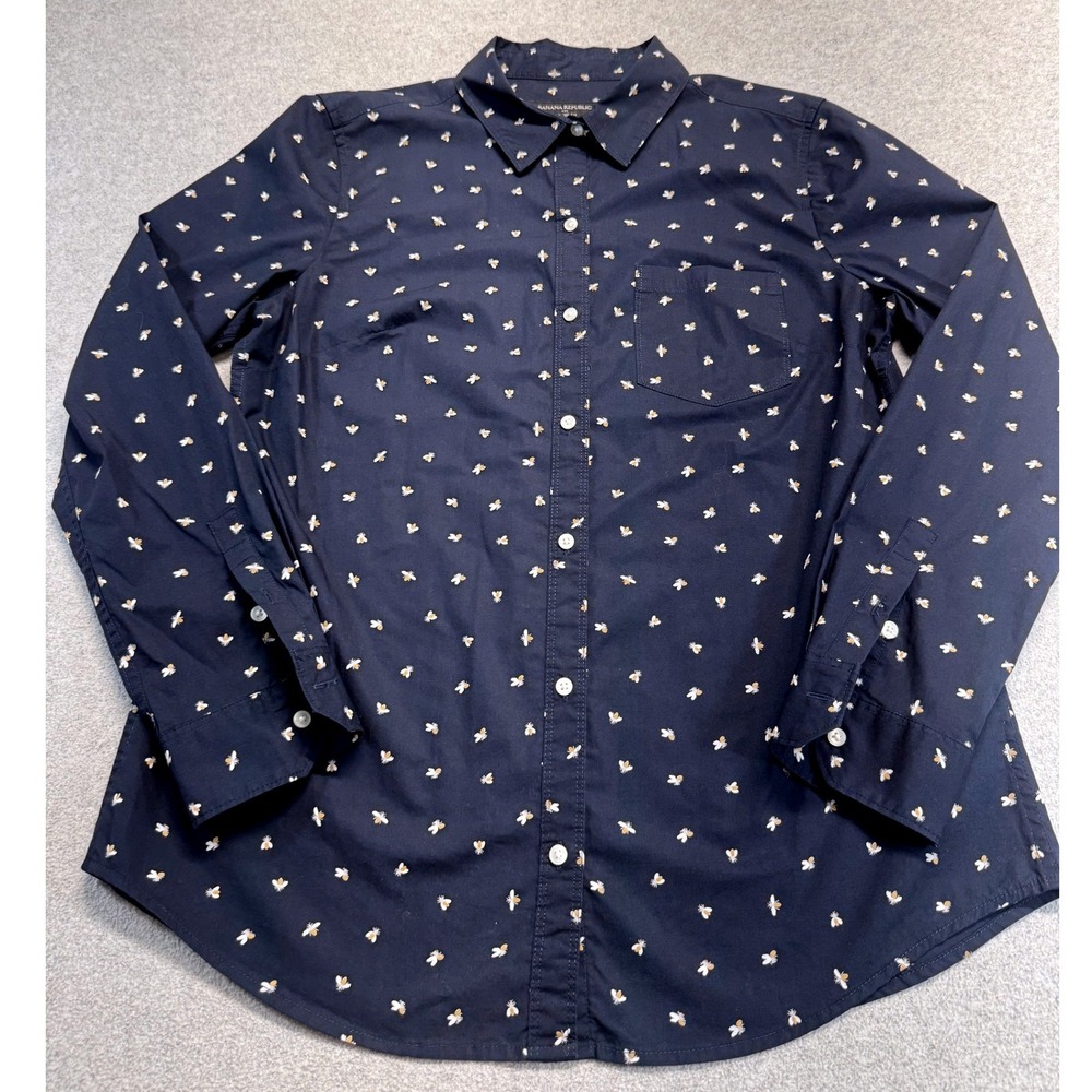 Banana Republic Button Down Womens Medium Navy Blue Bee Print Classic Fit Shirt